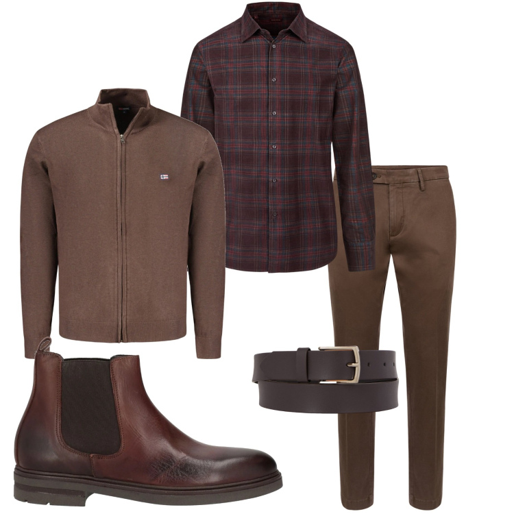 Outfit uomo - Casual in ufficio. Stile Casual per Ufficio. Abbinamento con stivali e stivaletti, pantaloni chino, camicie, cinture, cardigans.