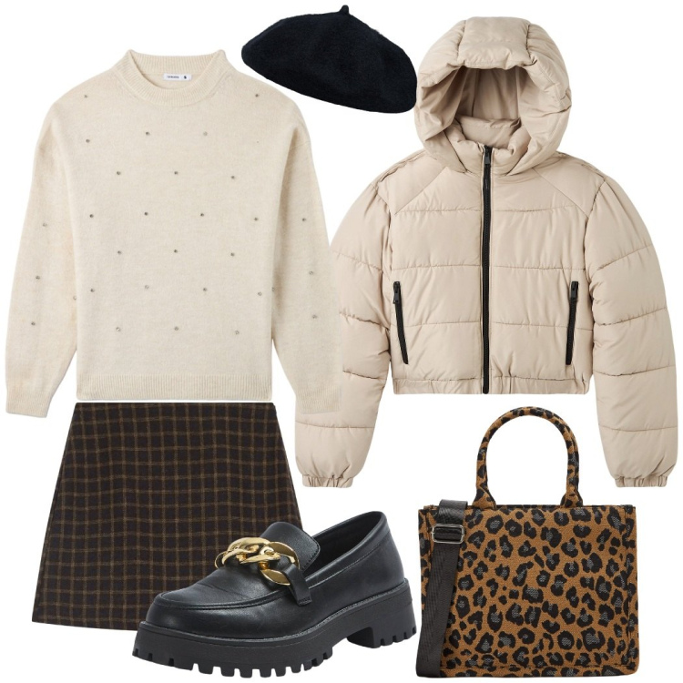 Outfit donna - Primo amore. Stile Romantica per Serata fuori. Abbinamento con blazer, shopping bag, maglieria, mocassini, minigonne, cappelli e berretti.