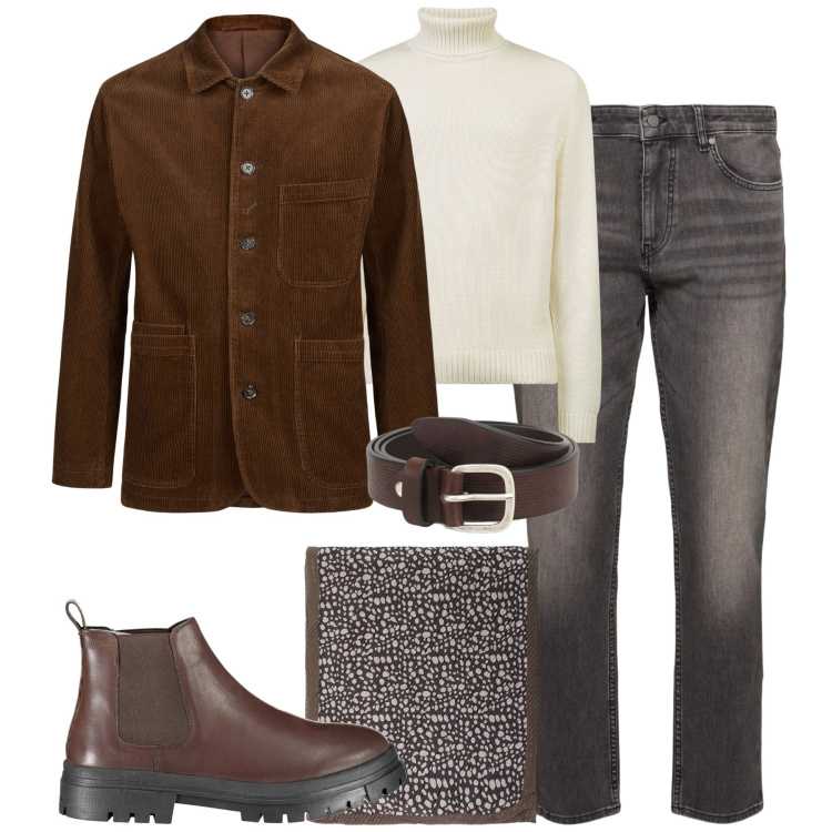 Outfit uomo - In città. Stile Urban per Tutti i giorni. Abbinamento con cinture, sciarpe e foulard, giacche, maglieria, jeans, stivali.