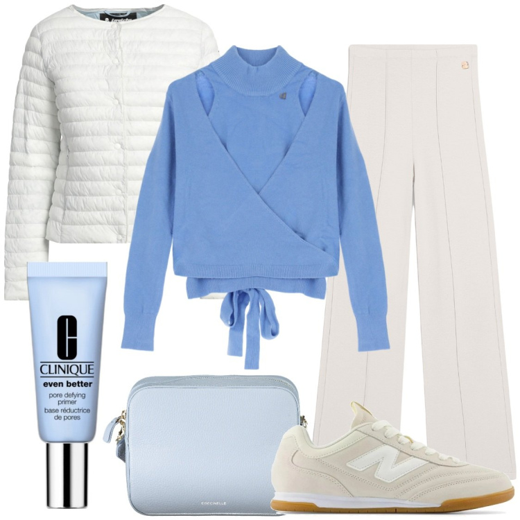 Outfit donna - Sporty chic. Stile Sporty chic per Tutti i giorni. Abbinamento con piumini, primer, sneakers, pantaloni, maglieria, borse a tracolla.