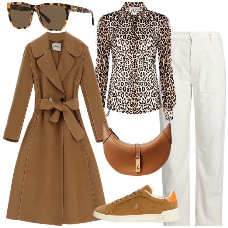 Outfit donna - Immancabile animalier. Stile Casual chic per Ufficio. Abbinamento con camicie, borse a spalla, pantaloni, occhiali da sole, sneakers, cappotti.