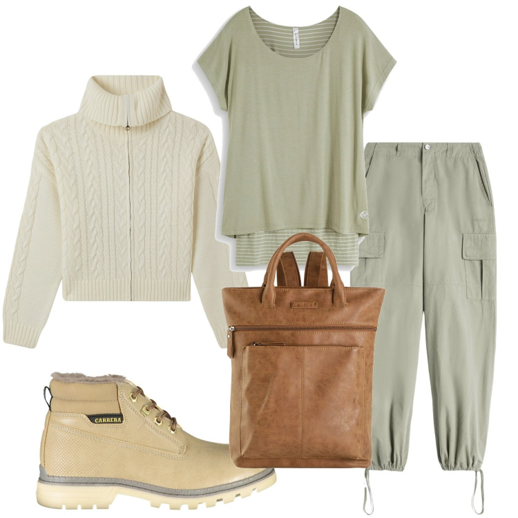 Outfit donna - Esco a fare shopping. Stile Sporty chic per Tutti i giorni. Abbinamento con zaini, maglieria, cardigans, pantaloni cargo, stivali.