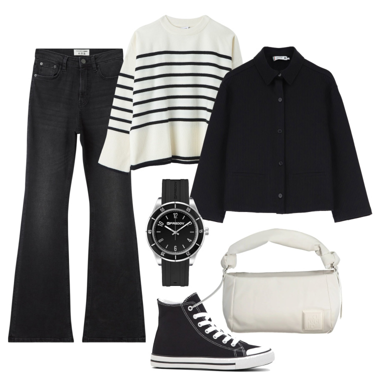 Outfit donna - Praticità quotidiana. Stile Casual per Tutti i giorni. Abbinamento con sneakers alte, jeans a zampa, maglieria, cappotti, orologi, borse a spalla.
