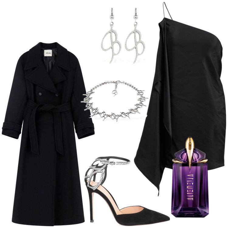 Outfit donna - Incontro da shock. Stile Glamour per Serata fuori. Abbinamento con décolleté, vestiti corti, profumi, trench, collane, orecchini.
