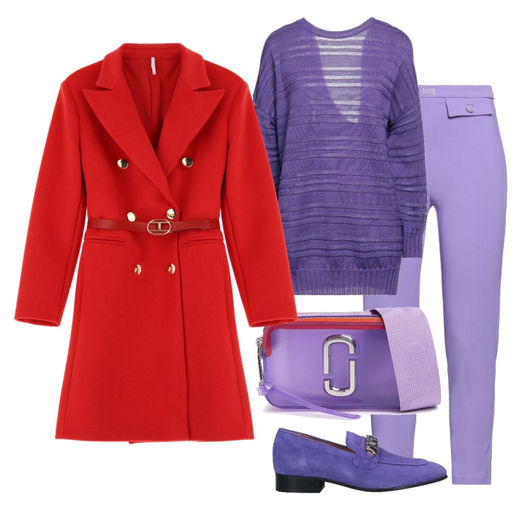 Outfit donna - Outfit in rosso e viola. Stile Chic per Ufficio. Abbinamento con pullovers, pantaloni, mocassini, cappotti, borse a spalla.