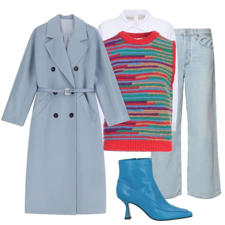 Outfit donna - Outfit in denim, azzurro e rosso. Stile Trendy per Tutti i giorni. Abbinamento con pullovers, stivaletti, cappotti, camicie, jeans.