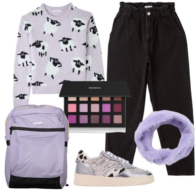 Outfit donna - Allegro pull. Stile Casual per Scuola/Università. Abbinamento con ombretti, jeans, fasce per capelli, maglieria, sneakers, zaini.