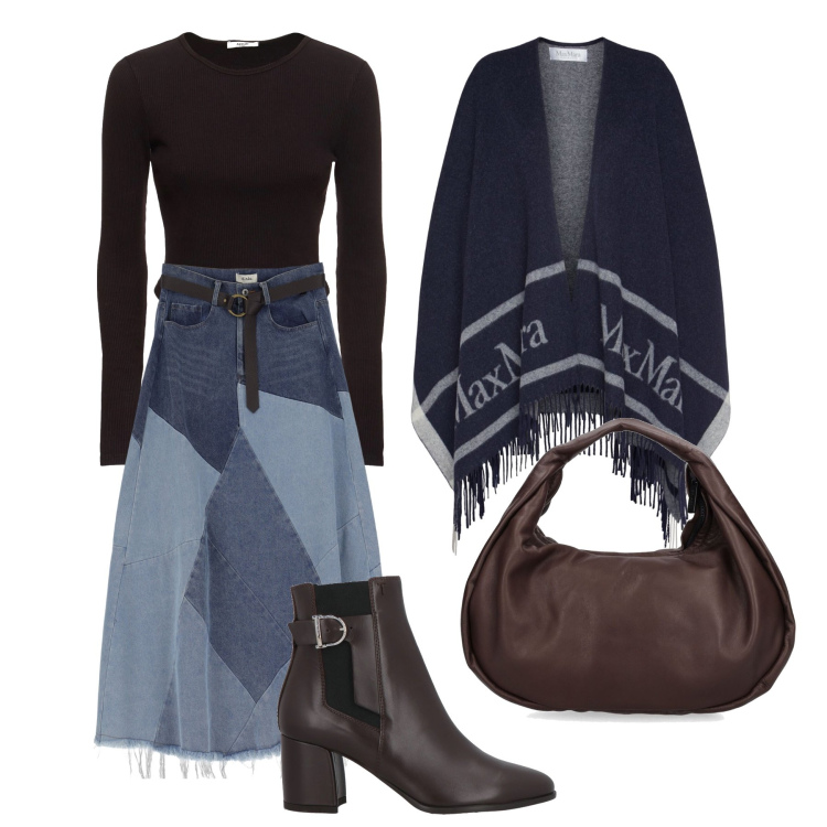 Outfit donna - Gonna denim e poncho. Stile Casual chic per Tutti i giorni. Abbinamento con stivaletti, gonne longuette, borse a mano, cappotti, t-shirt.