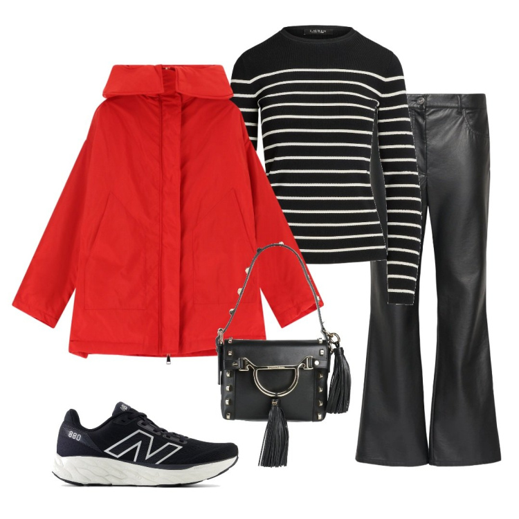 Outfit donna - Outfit in rosso e nero. Stile Casual chic per Tutti i giorni. Abbinamento con pullovers, borse a mano, sneakers, parka, pantaloni.