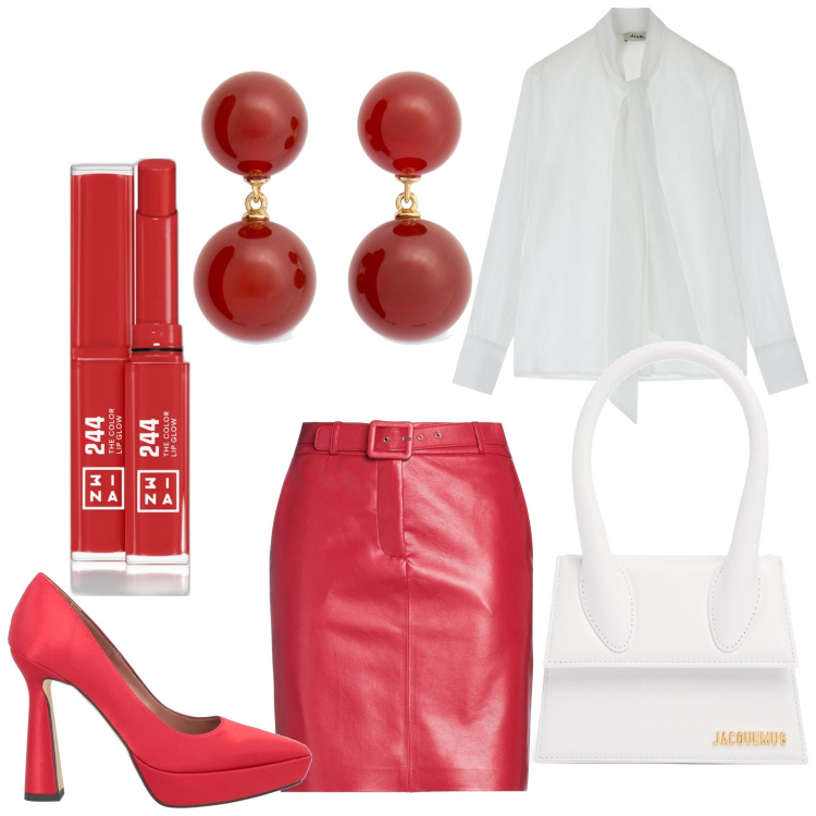 Outfit donna - Invito a cena. Stile Chic per Serata fuori. Abbinamento con minigonne, décolleté, rossetti, camicie, borse a mano, orecchini.