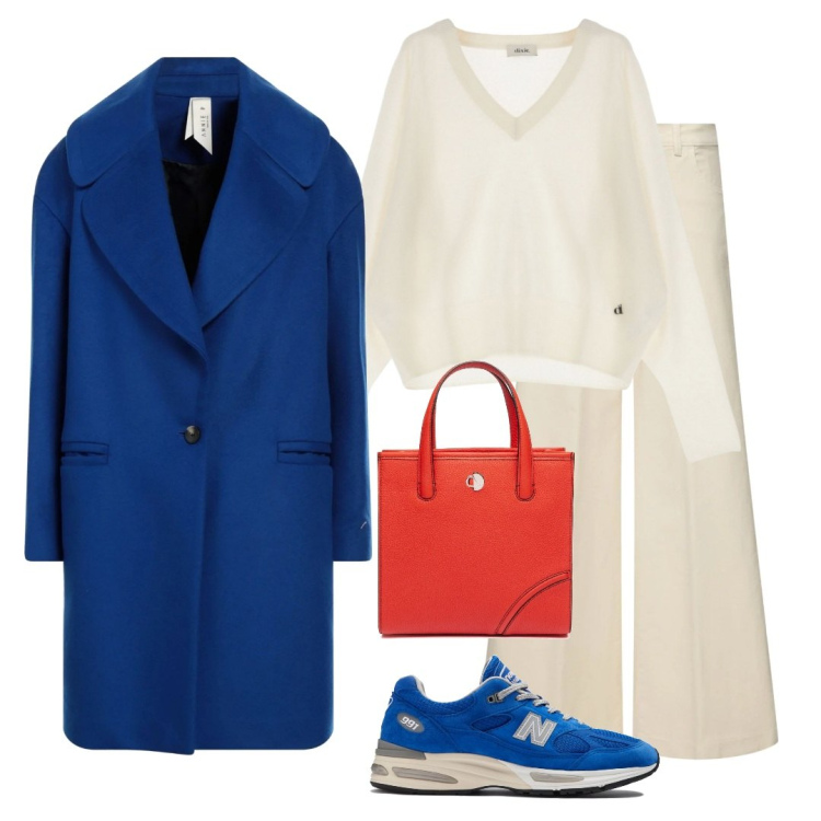 Outfit donna - Outfit in blu elettrico, bianco, arancio. Stile Sporty chic per Tutti i giorni. Abbinamento con cappotti, sneakers, pullovers, pantaloni, shopping bag.