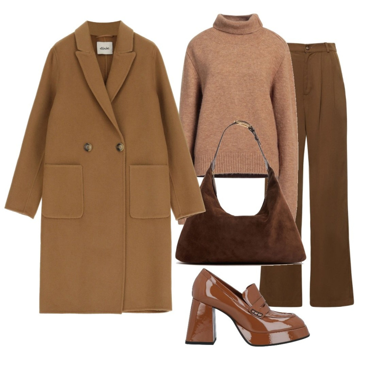 Outfit donna - Marrone tutti i gusti. Stile Chic per Ufficio. Abbinamento con maglieria, mocassini, cappotti, pantaloni, borse a spalla.