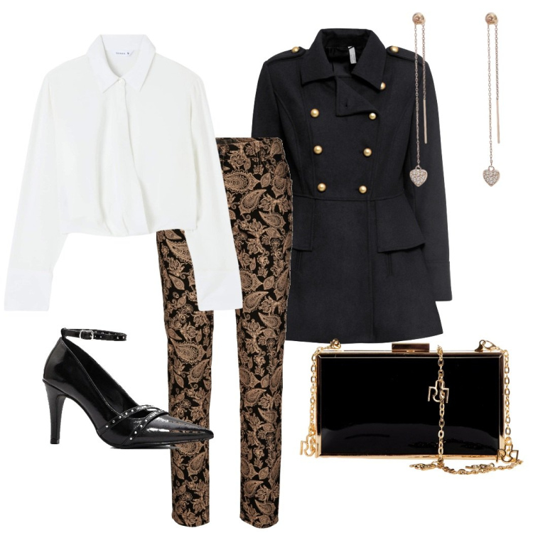 Outfit donna - Relativo all\'eleganza.... Stile Glamour per Serata fuori. Abbinamento con pantaloni, décolleté, cappotti, bluse, orecchini, pochette.