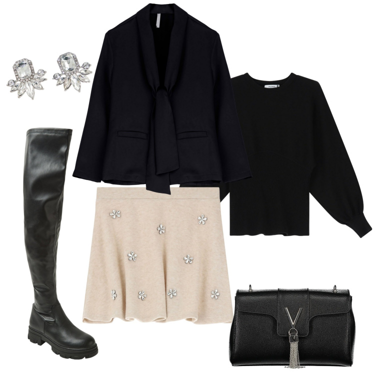 Outfit donna - Stivali alti e minigonna. Stile Glamour per Serata fuori. Abbinamento con stivali, maglieria, minigonne, blazer, orecchini, borse a tracolla.