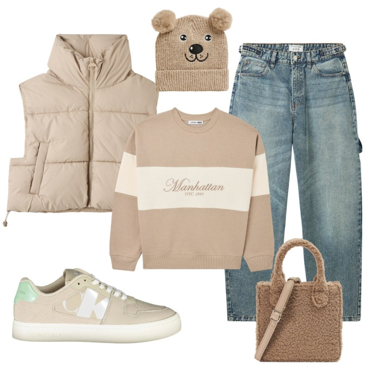 Outfit donna - Un\'orso dal cuore d\'oro. Stile Trendy per Tutti i giorni. Abbinamento con berretti, felpe, shopping bag, piumini, jeans, sneakers.