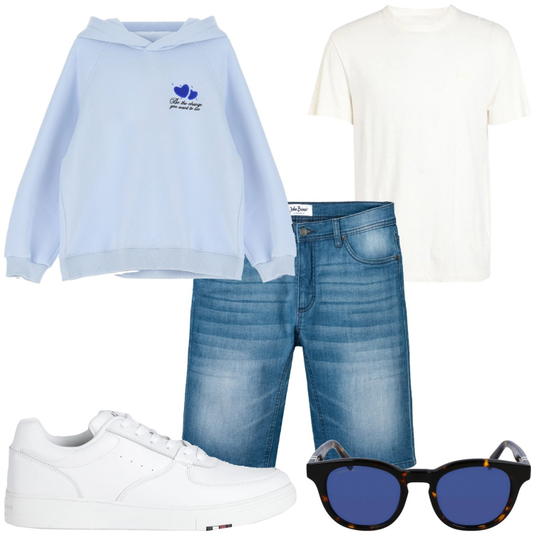 Outfit uomo - Il bermuda jeans e felpa. Stile Casual per Tutti i giorni. Abbinamento con bermuda, sneakers, t-shirt, felpe con cappuccio, occhiali da sole.