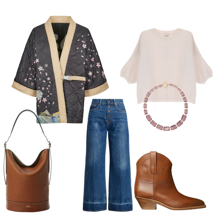 Outfit donna - Una texana in città. Stile Trendy per Tutti i giorni. Abbinamento con pullovers, stivaletti, jeans, collane, borse a secchiello, kimono.