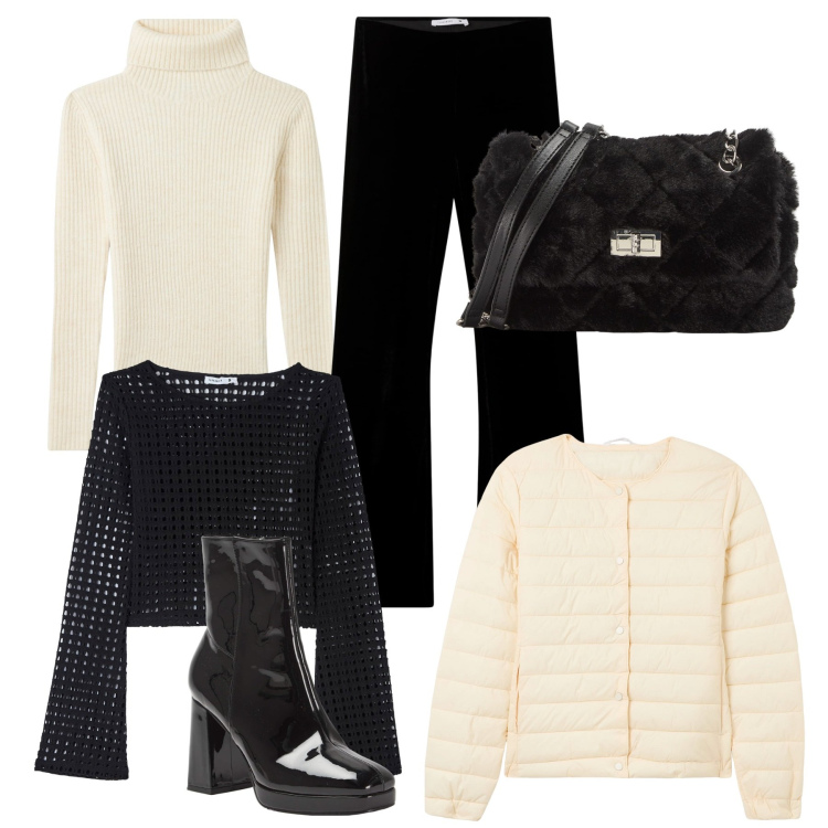Outfit donna - Panna e nero Terranova. Stile Casual per Tutti i giorni. Abbinamento con maglieria, leggings, maglieria, borse a spalla, piumini, stivaletti.
