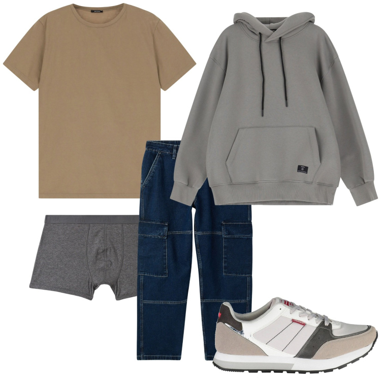 Outfit uomo - Total look #2033797. Stile Urban per Tutti i giorni. Abbinamento con jeans, boxer, felpe con cappuccio, t-shirt, sneakers.
