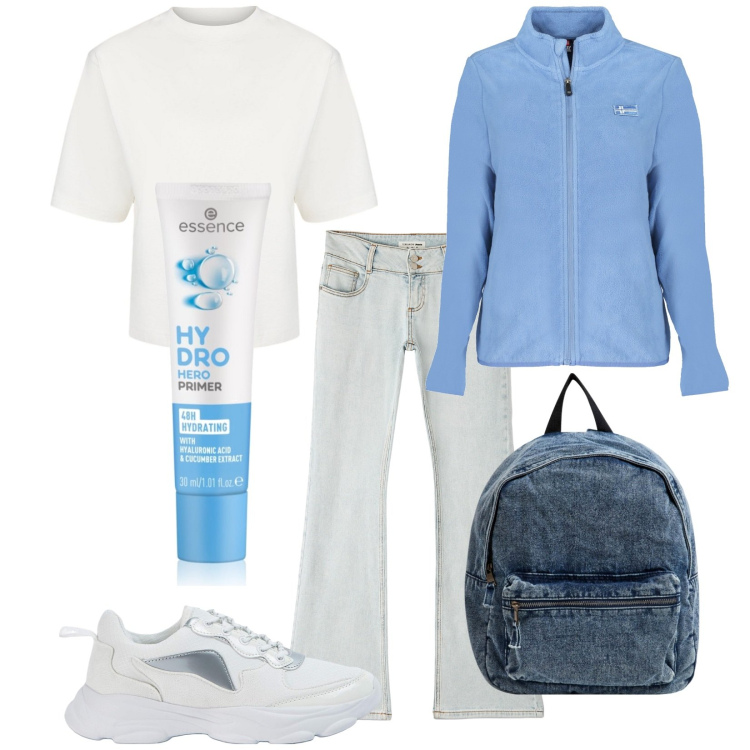 Outfit donna - Total look #2033801. Stile Casual per Tutti i giorni. Abbinamento con primer, sneakers, jeans a zampa, zaini, felpe, t-shirt.