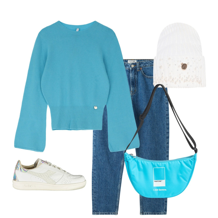 Outfit donna - Turchese. Stile Casual per Tutti i giorni. Abbinamento con jeans mom, marsupi, berretti, pullovers, sneakers.