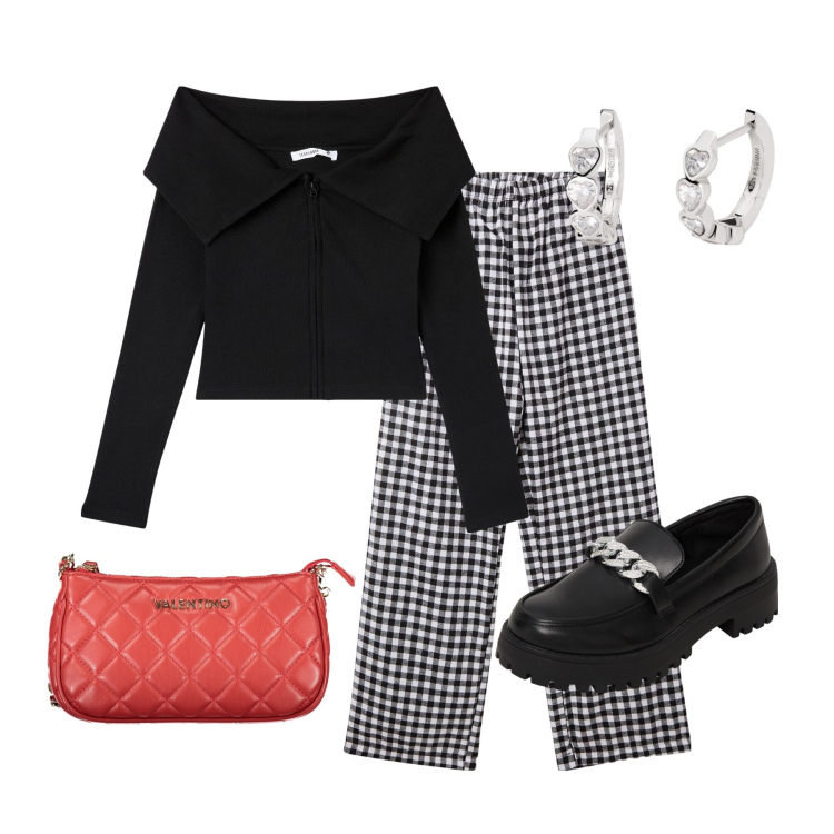 Outfit donna - Bianco rosso e nero. Stile Chic per Serata fuori. Abbinamento con pantaloni, mocassini, cardigans, orecchini, borse a spalla.