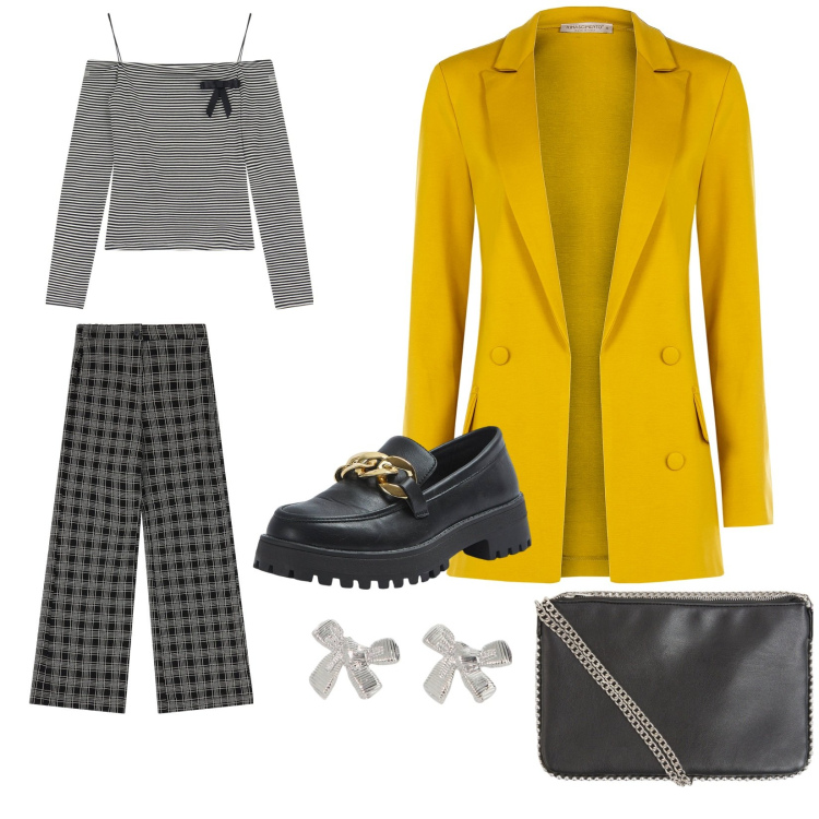 Outfit donna - Soleado. Stile Casual chic per Serata fuori. Abbinamento con borse a tracolla, mocassini, blazer, pantaloni a palazzo, maglieria, orecchini.