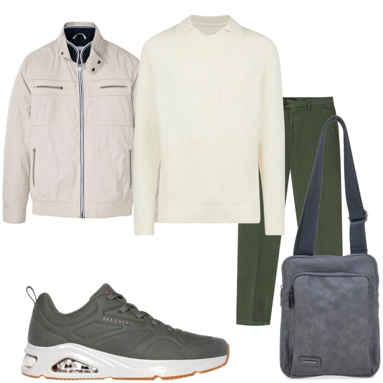 Outfit uomo - Total look originale. Stile Urban per Tutti i giorni. Abbinamento con giacche, pantaloni chino, maglieria, portafogli, sneakers.