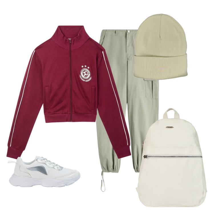Outfit donna - Sportiva. Stile Casual per Scuola/Università. Abbinamento con felpe, sneakers, pantaloni cargo, zaini, berretti.