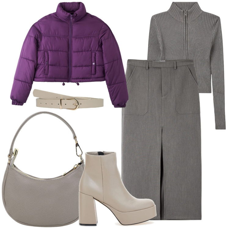 Outfit donna - Il piumino con la gonna. Stile Urban per Tutti i giorni. Abbinamento con gonne lunghe, piumini, cardigans, cinture, borse a spalla, stivaletti.
