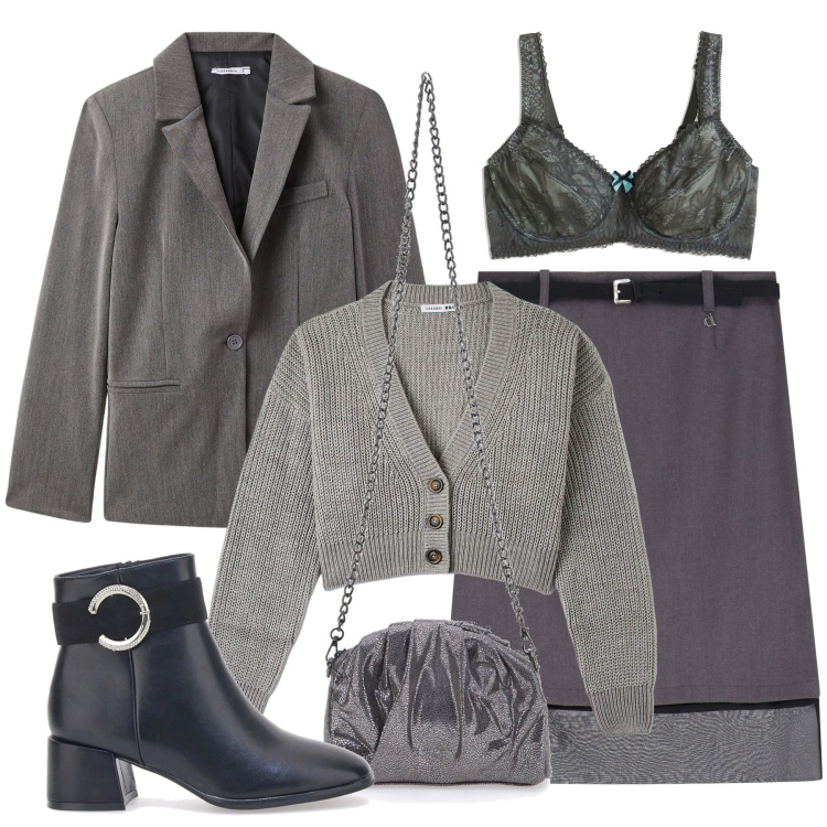 Outfit donna - Total grey. Stile Sexy per Tutti i giorni. Abbinamento con reggiseni, cardigans, blazer, gonne, stivaletti, pochette.