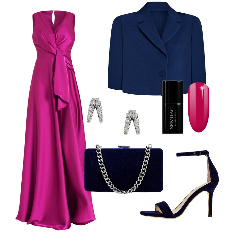Outfit donna - Fuxia e blu. Stile Glamour per Cerimonia. Abbinamento con smalti, vestiti lunghi, cappe, orecchini, clutch, sandali col tacco.