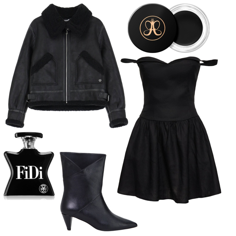 Outfit donna - Black night. Stile Trendy per Serata fuori. Abbinamento con ombretti, profumi, blazer, stivaletti, vestiti.