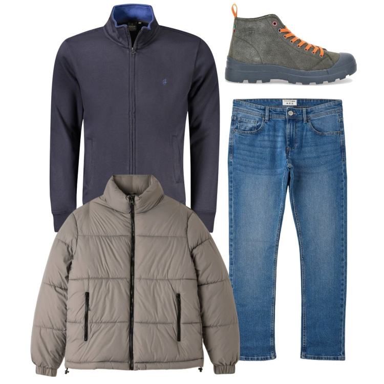 Outfit uomo - Il piumino fango. Stile Casual per Tutti i giorni. Abbinamento con jeans, piumini, stivali e stivaletti, felpe.