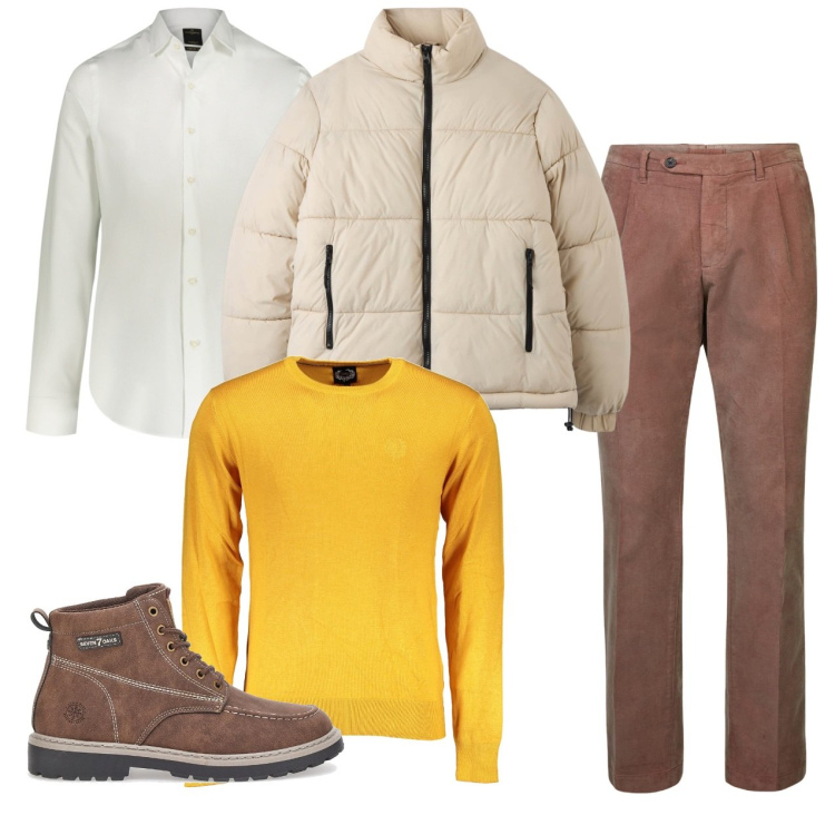 Outfit uomo - Il pullover giallo sole. Stile Casual per Tutti i giorni. Abbinamento con piumini, camicie, pantaloni, maglieria, stivali e stivaletti.