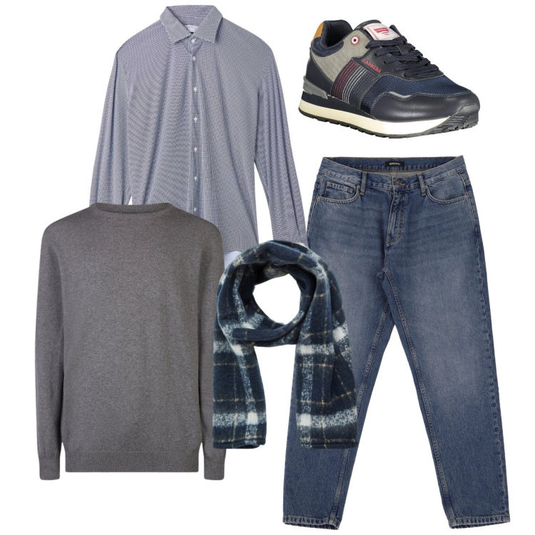 Outfit uomo - Un classico casual. Stile Casual per Tutti i giorni. Abbinamento con sciarpe, camicie, jeans, maglieria, sneakers.