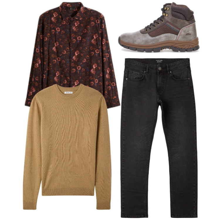 Outfit uomo - Fiori di gennaio. Stile Casual per Serata speciale. Abbinamento con camicie, jeans dritti, maglieria, stivali e stivaletti.