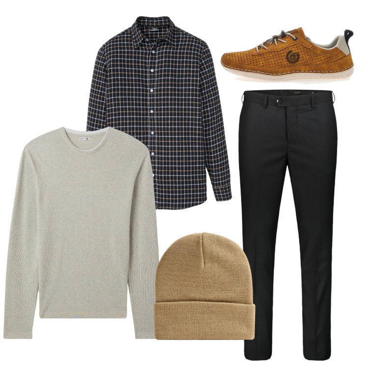 Outfit uomo - La camicia scura. Stile Casual per Tutti i giorni. Abbinamento con camicie, maglieria, berretti, scarpe stringate, pantaloni.