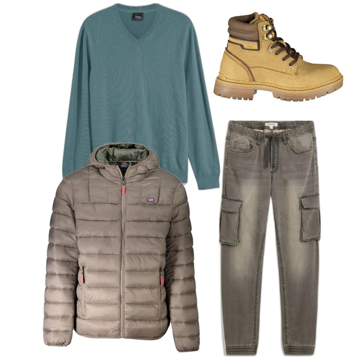Outfit uomo - Pomeriggio casual. Stile Casual per Tutti i giorni. Abbinamento con maglieria, jeans slim fit, stivali, giacche.
