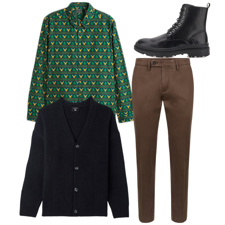 Outfit uomo - Il cardigan sulla camicia verde. Stile Trendy per Serata speciale. Abbinamento con camicie, cardigans, anfibi, pantaloni chino.