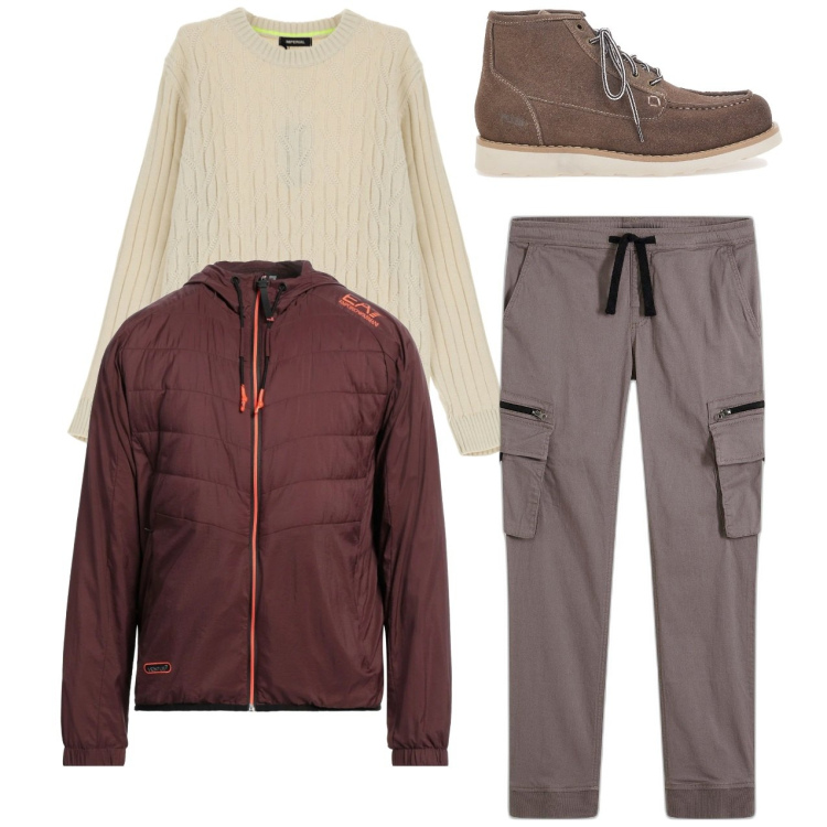 Outfit uomo - Gennaio in città. Stile Urban per Tutti i giorni. Abbinamento con pantaloni cargo, giacche, maglieria, stivali e stivaletti.