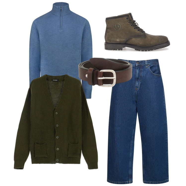 Outfit uomo - Al caldo con due pullover. Stile Casual per Tutti i giorni. Abbinamento con cinture, cardigans, stivali e stivaletti, jeans, maglieria.