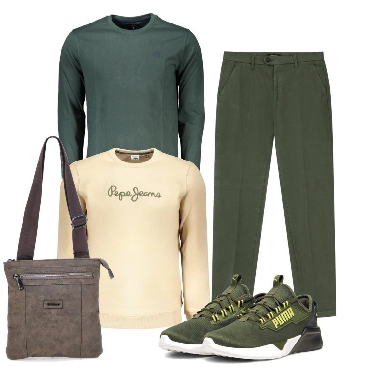 Outfit uomo - Muoversi liberamente. Stile Casual per Tutti i giorni. Abbinamento con pantaloni chino, sneakers, portafogli, t-shirt, felpe.