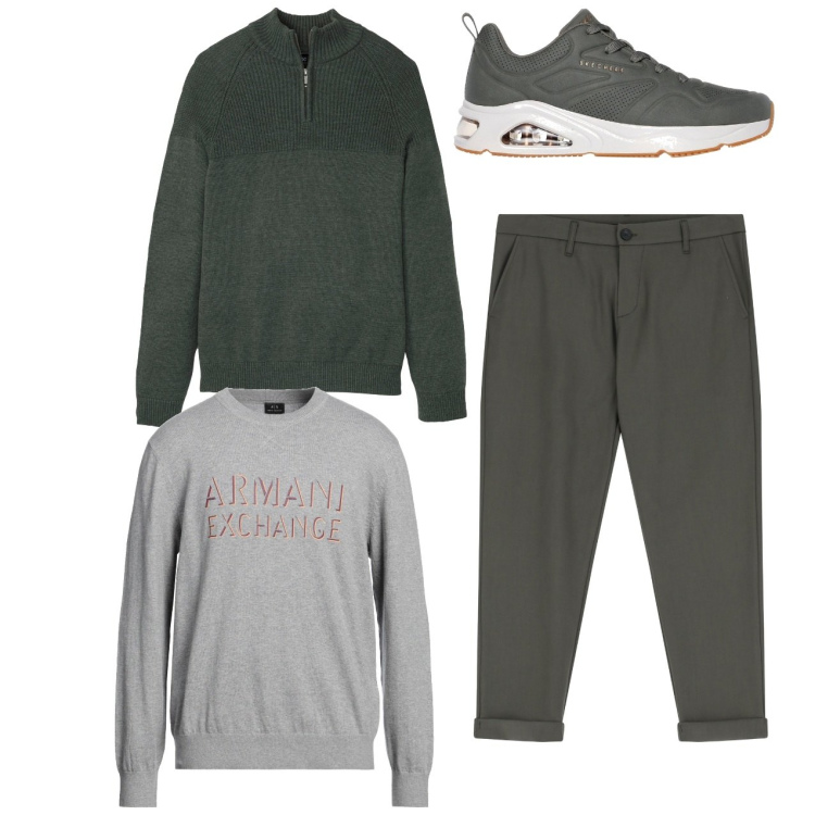 Outfit uomo - Verdegrigio. Stile Casual per Tutti i giorni. Abbinamento con maglieria, pullovers, pantaloni, sneakers.