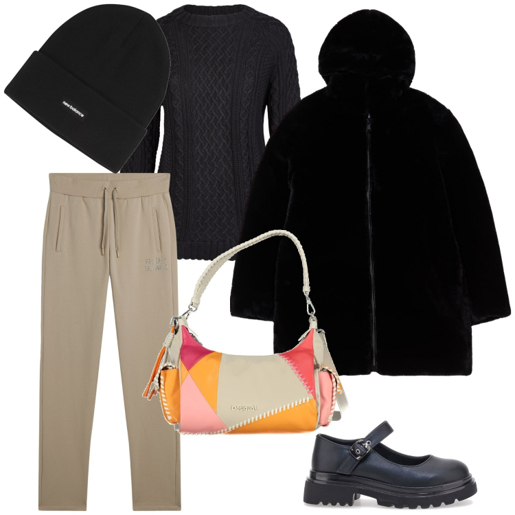 Outfit donna - Un po’ di colore tra gli impegni. Stile Trendy per Tutti i giorni. Abbinamento con ecopellicce, berretti, pantaloni, maglieria, ballerine, borse a spalla.