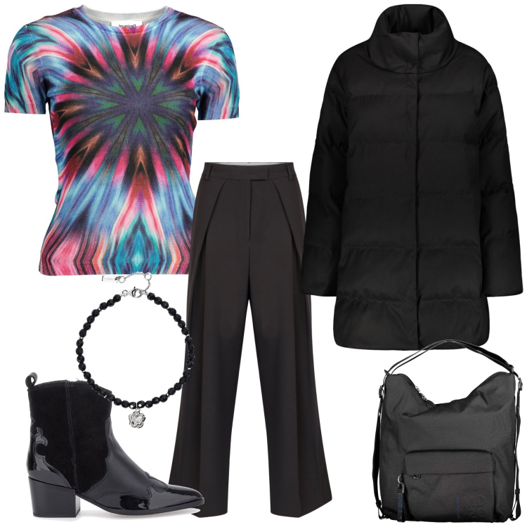 Outfit donna - Ancora fuochi d’artificio ma sul top. Stile Urban per Ufficio. Abbinamento con braccialetti, cappotti, stivaletti texani, pantaloni, borse a tracolla, maglieria.