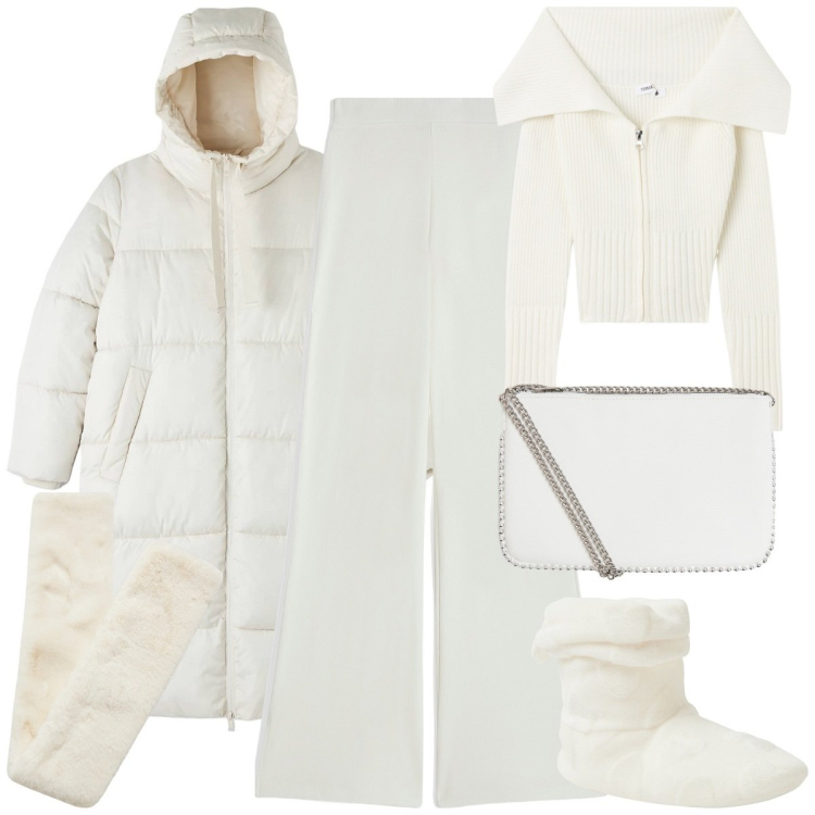 Outfit donna - Speciale Winter whites. Stile Casual chic per Tutti i giorni. Abbinamento con pantofole, cardigans, piumini, sciarpe, borse a tracolla, pantaloni.