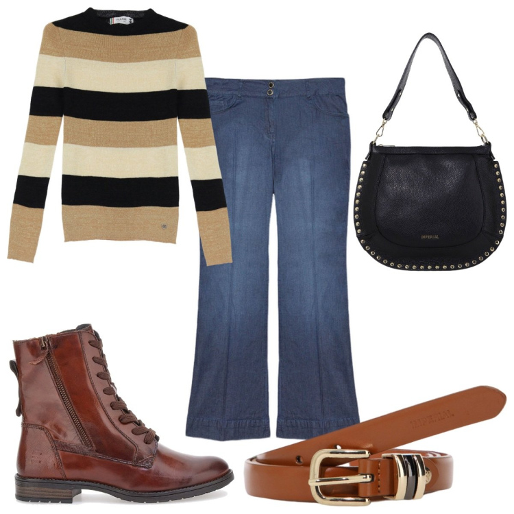 Outfit donna - Total look #2033874. Stile 70s per Tutti i giorni. Abbinamento con pullovers, borse a spalla, cinture, anfibi, jeans.