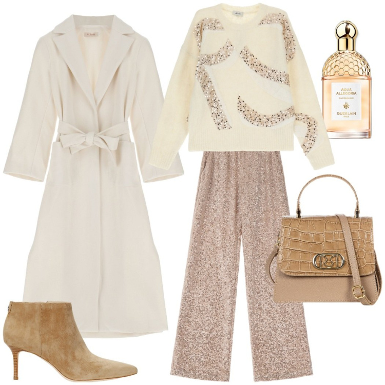 Outfit donna - Eleganza tono su tono. Stile Glamour per Serata fuori. Abbinamento con profumi, cappotti, borse a mano, pantaloni a palazzo, maglieria, stivaletti.