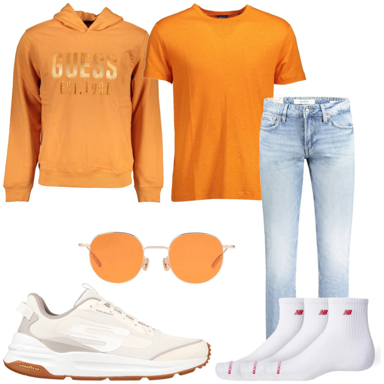 Outfit uomo - Arancio mezza stagione. Stile Urban per Tutti i giorni. Abbinamento con occhiali da sole, calzini, sneakers, felpe con cappuccio, t-shirt, jeans.